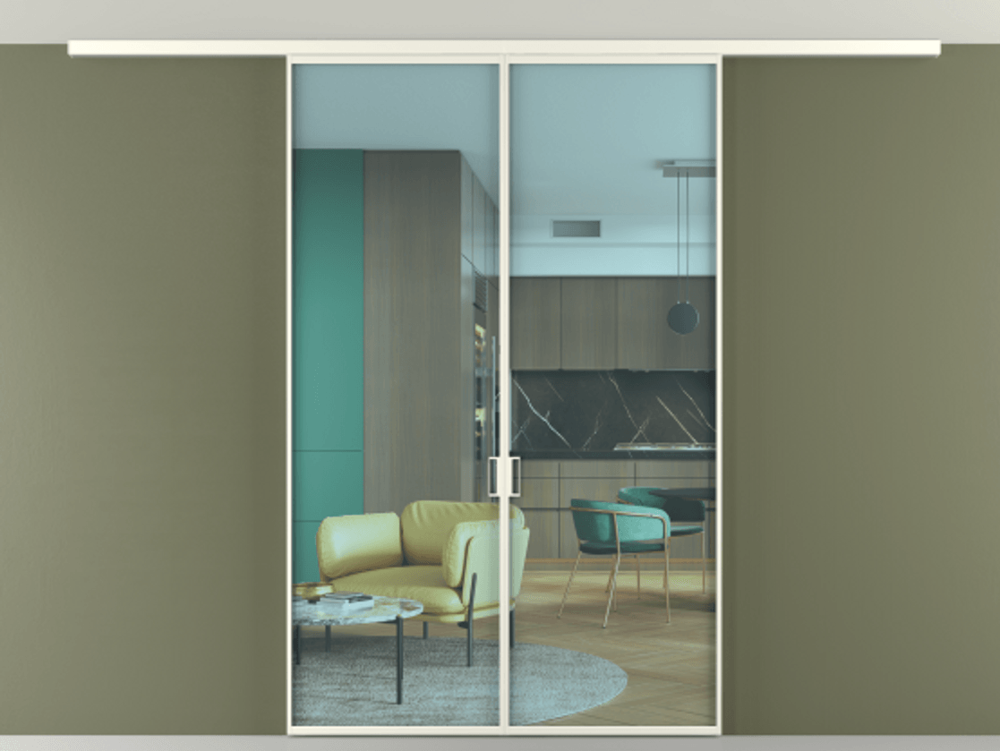 Перегородка Формато вдоль стены на потолок 2 створки АЛПР 040.01 Алюминий жемчужный Прозрачное голубое стекло, триплекс Цена 1343450 ₸ | Volhovec