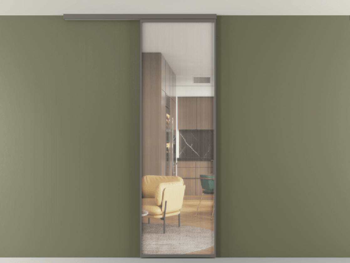 Перегородка Формато вдоль стены на потолок 1 створка АЛПР 040.01 Алюминий классический серый Рифлёное стекло "Мору", триплекс Цена 775928 ₸ | Volhovec