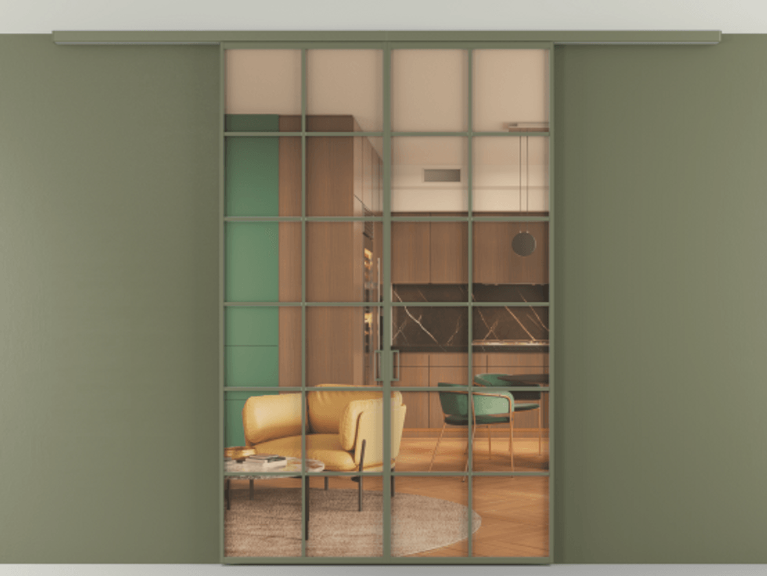 Перегородка Formato вдоль стены на потолок 2 створки АЛПР 040.05 Алюминий оливковый тёмный Прозрачное оранжевое стекло, триплекс Цена 1301700 ₸ | Volhovec