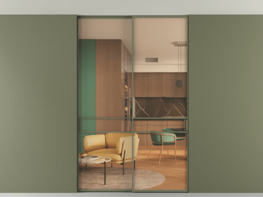 Перегородка Formato внутри проёма скрытое крепление в потолок 2 створки АЛПР 040.02 Алюминий оливковый тёмный Прозрачное оранжевое стекло, триплекс Цена 1876505 ₸ | Volhovec