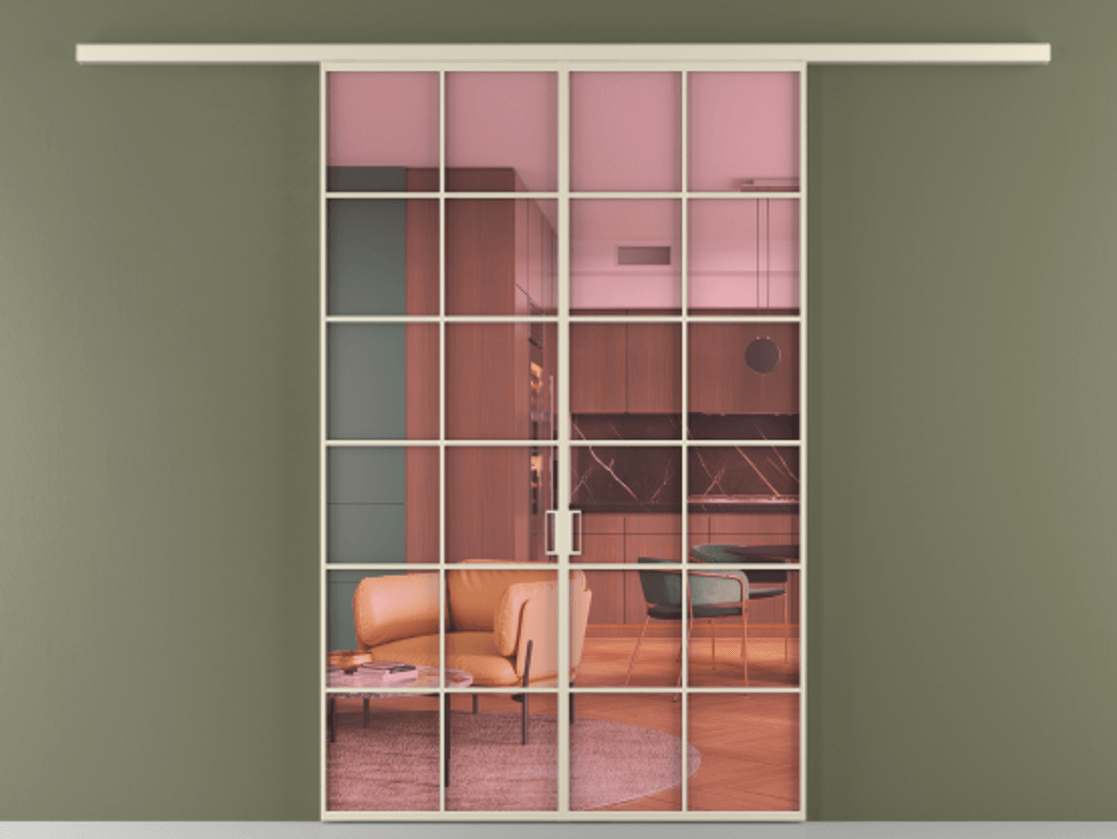 Перегородка Формато вдоль стены 2 створки АЛПР 040.05 Алюминий бежево-серый Прозрачное розовое стекло, триплекс Цена 1566054 ₸ | Volhovec