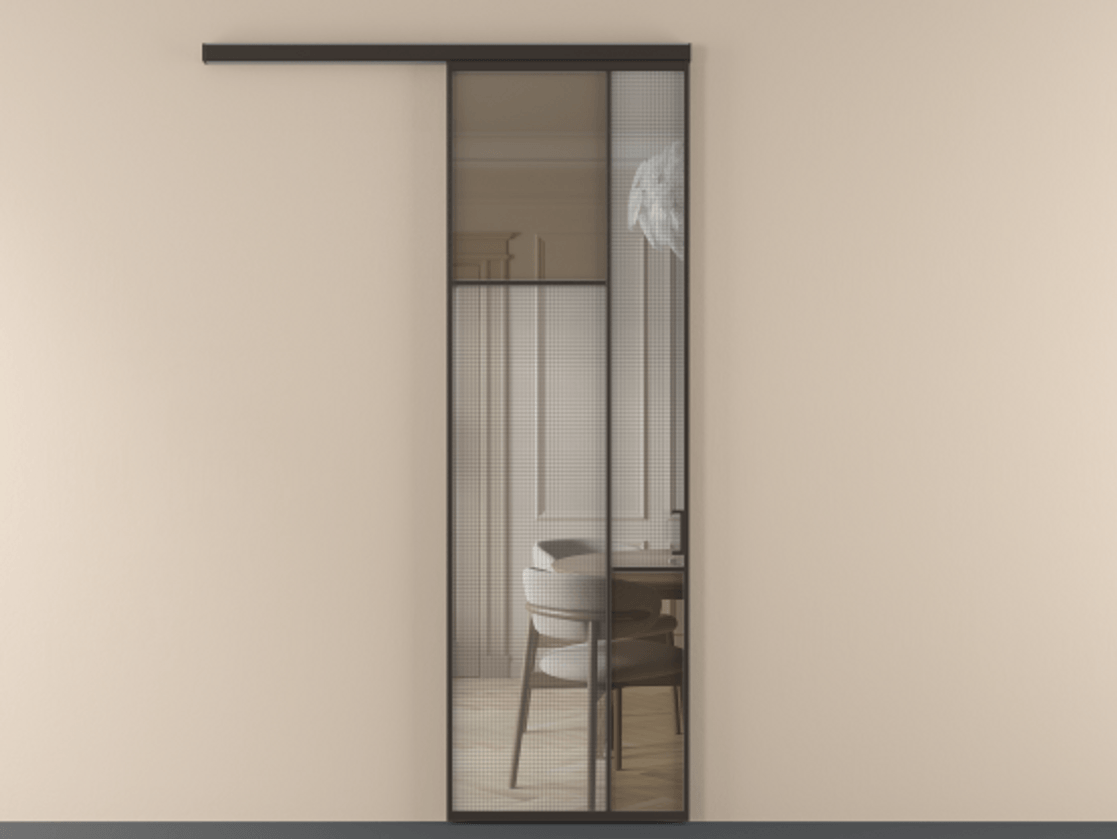 Перегородка Mosaic вдоль стены 1 створка АЛПР 041.10 Алюминий антрацит Декоративное стекло с сеткой "Mesh silver", триплекс, 6 мм + Прозрачное бронзовое стекло, триплекс Цена 892510 ₸ | Volhovec