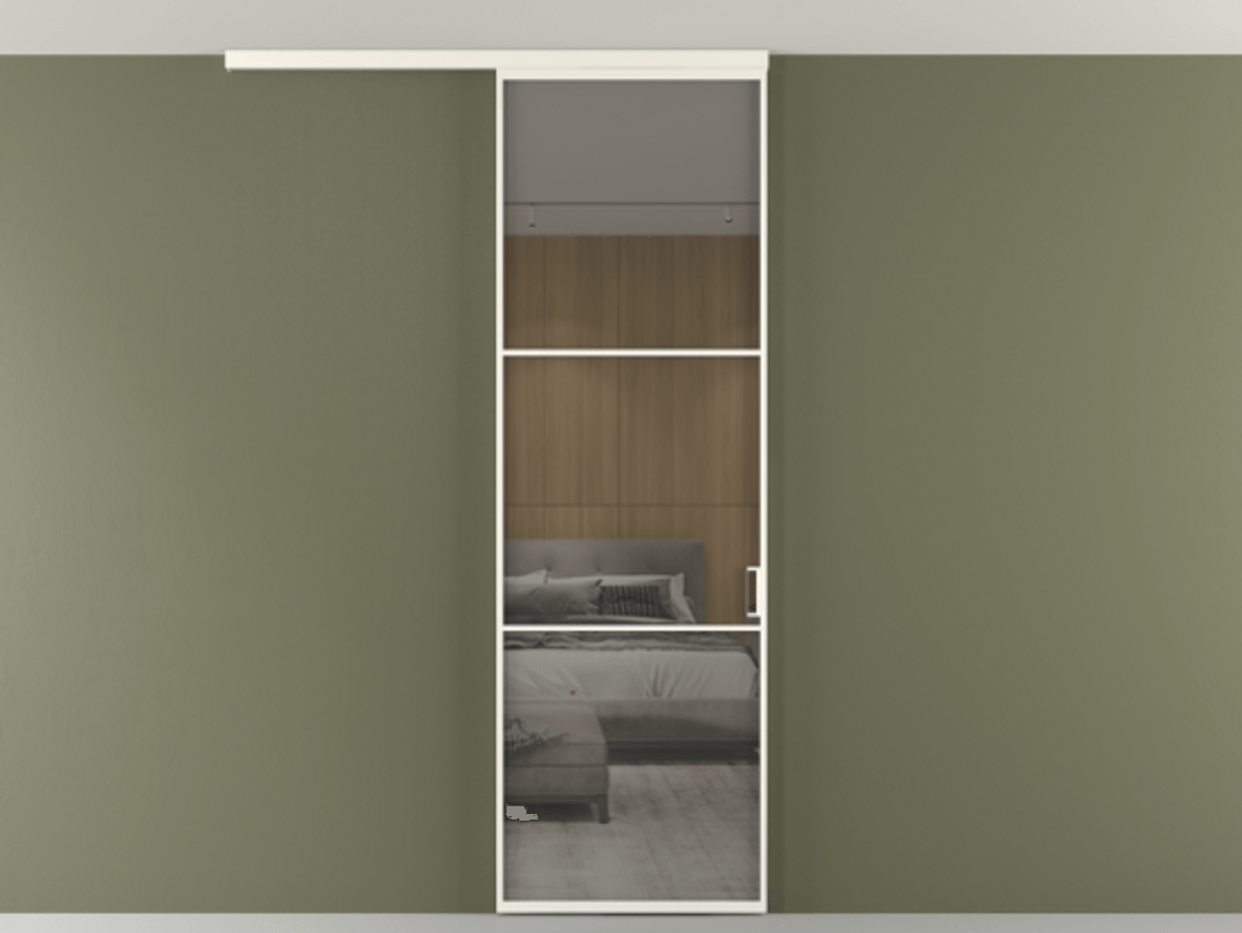 Перегородка Формато вдоль стены на потолок 1 створка АЛПР 040.03 Алюминий пудровый белый Рефлективное серое стекло "Стопсол", калёное Цена 948856 ₸ | Volhovec