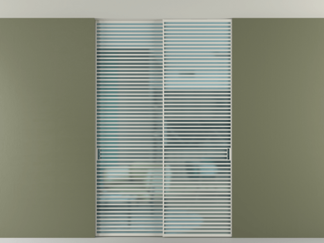 Перегородка Formato внутри проёма скрытое крепление в потолок 2 створки АЛПР 040.07 Алюминий тёплый серый Сатинированное голубое стекло, триплекс Цена 3818707 ₸ | Volhovec