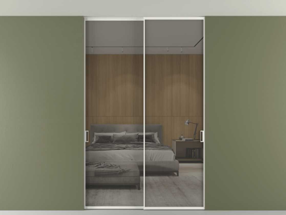 Перегородка Формато внутри проёма скрытое крепление в потолок 2 створки АЛПР 040.01 Алюминий светло-серый Рефлективное серое стекло "Стопсол", калёное Цена 2219918 ₸ | Volhovec