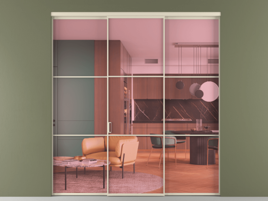 Перегородка Formato внутри проёма 3 створки АЛПР 040.03 Алюминий бежево-серый Прозрачное розовое стекло, триплекс Цена 1550900 ₸ | Volhovec