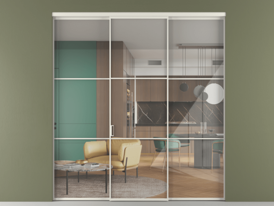 Перегородка Формато внутри проёма 3 створки АЛПР 040.03 Алюминий Белый Рефлективное прозрачное стекло "Стопсол", калёное Цена 2310336 ₸ | Volhovec