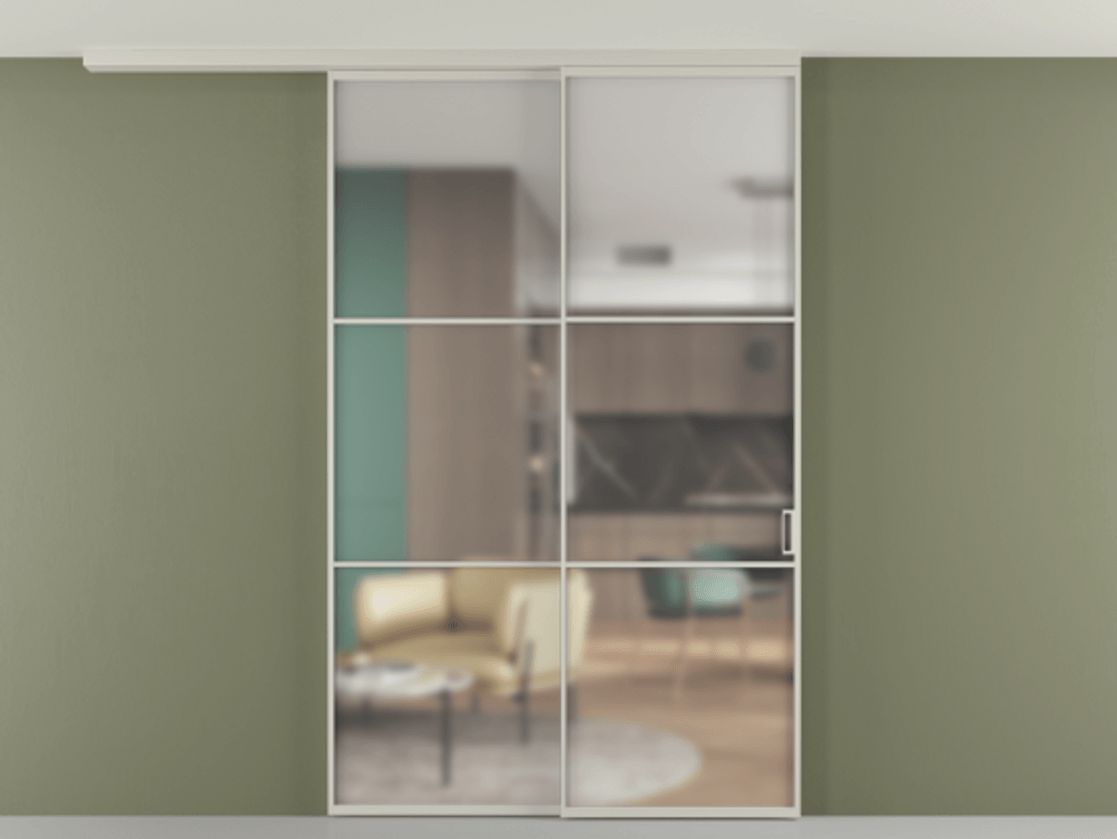 Перегородка Формато вдоль стены на потолок 2 створки с синхронным механизмом АЛПР 040.03 Алюминий тёплый серый Сатинированное стекло "Мателюкс Кристал Вижн", калёное, матовое, каленое 6 мм Цена 2198267 ₸ | Volhovec