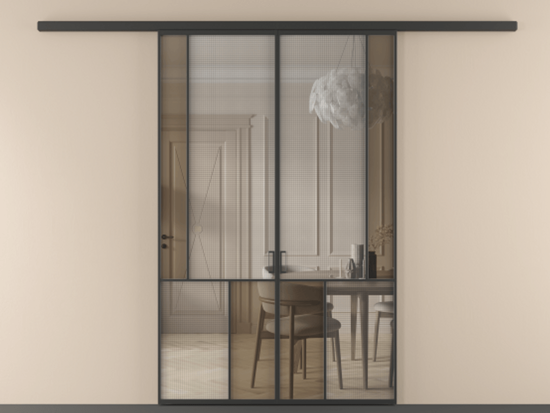 Перегородка Mosaic вдоль стены 2 створки АЛПР 041.21 Алюминий Черный Декоративное стекло с сеткой "Mesh silver", триплекс, 6 мм + Прозрачное бронзовое стекло, триплекс. Скрытый короб ЧЕР Цена 1660340 ₸ . Фабрика дверей Волховец 8 (800) 551 43 19 Перегородка Mosaic вдоль стены 2 створки АЛПР 041.21 Алюминий Черный Декоративное стекло с сеткой "Mesh silver", триплекс, 6 мм + Прозрачное бронзовое стекло, триплекс Цена 1660340 ₸ | Volhovec