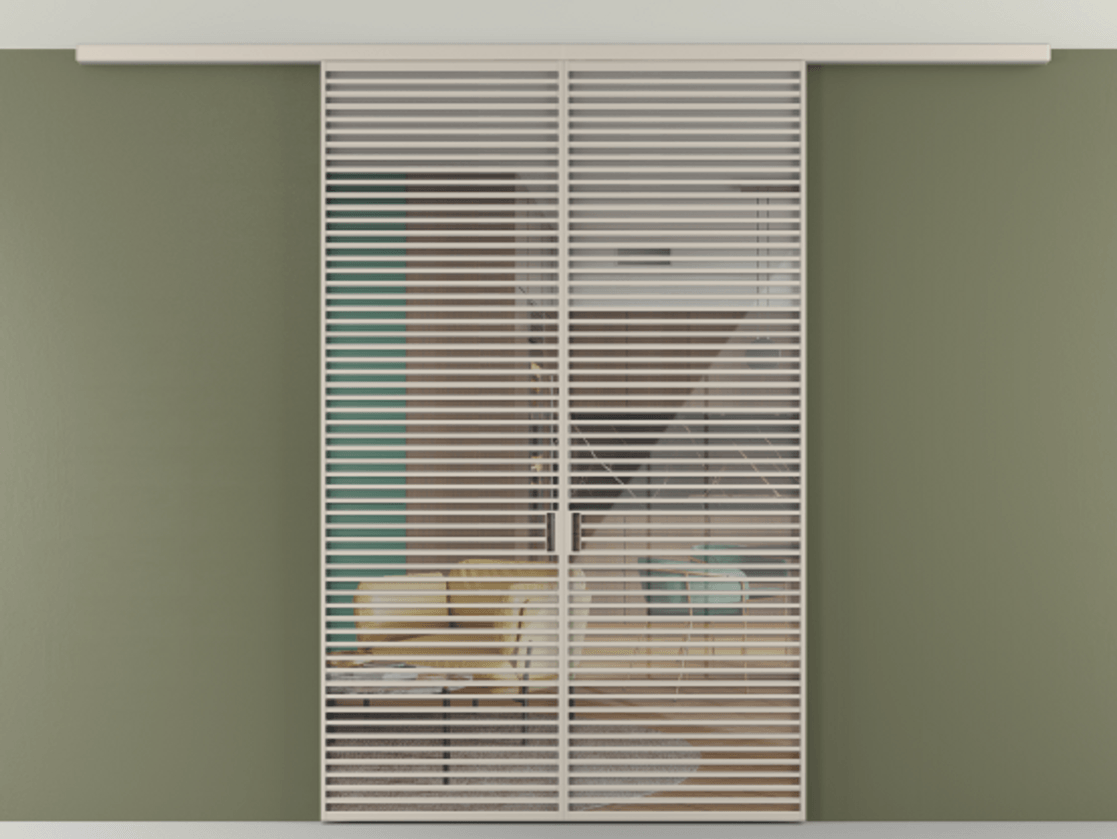 Перегородка Формато вдоль стены на потолок 2 створки АЛПР 040.07 Алюминий светло-бежевый Рефлективное прозрачное стекло "Стопсол", калёное Цена 3473971 ₸ | Volhovec