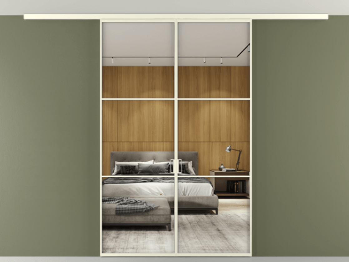 Перегородка Формато вдоль стены на потолок 2 створки АЛПР 040.03 Алюминий молочно-белый Двустороннее зеркало, триплекс , триплекс 6 мм Цена 1723075 ₸ | Volhovec