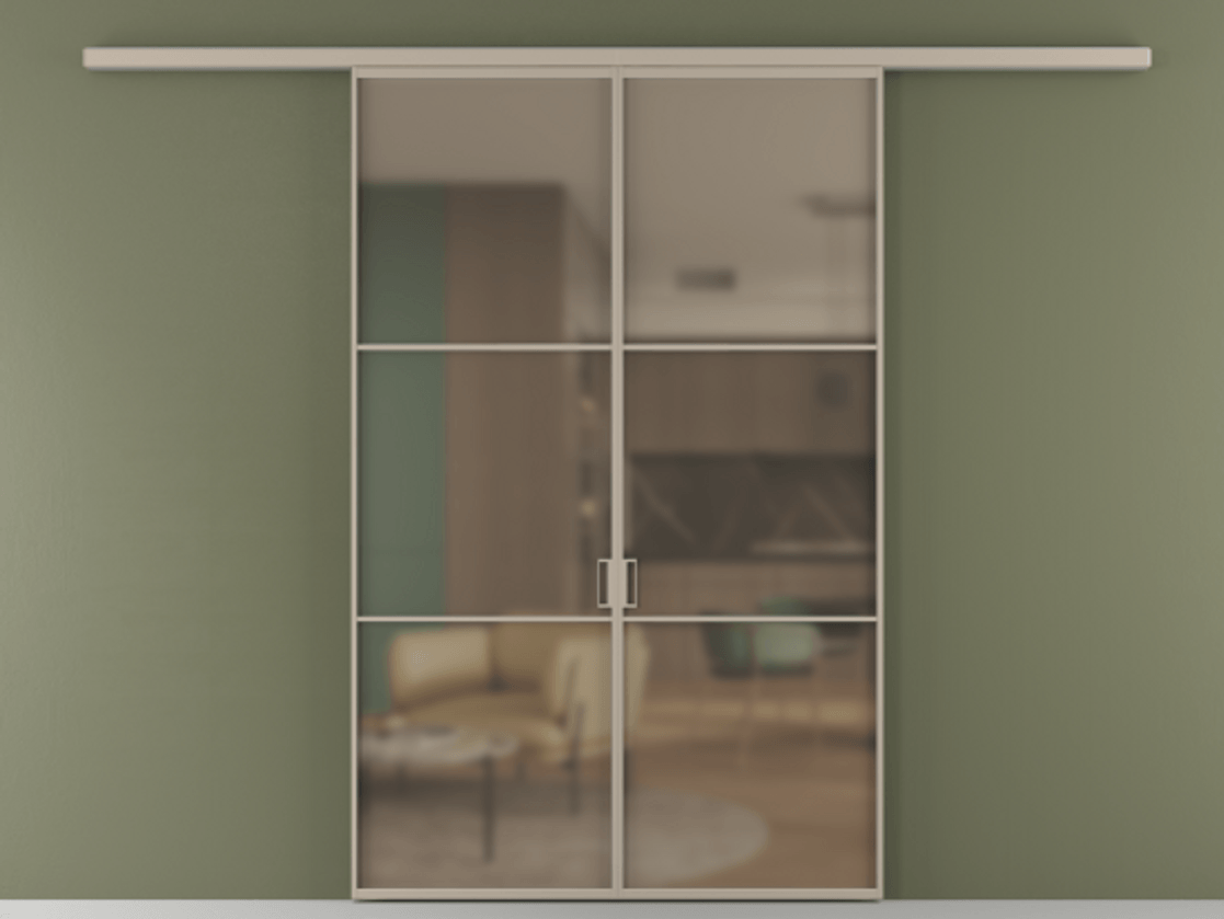 Перегородка Формато вдоль стены 2 створки АЛПР 040.03 Алюминий бисквитный Сатинированное бронзовое стекло, триплекс Цена 1477602 ₸ | Volhovec