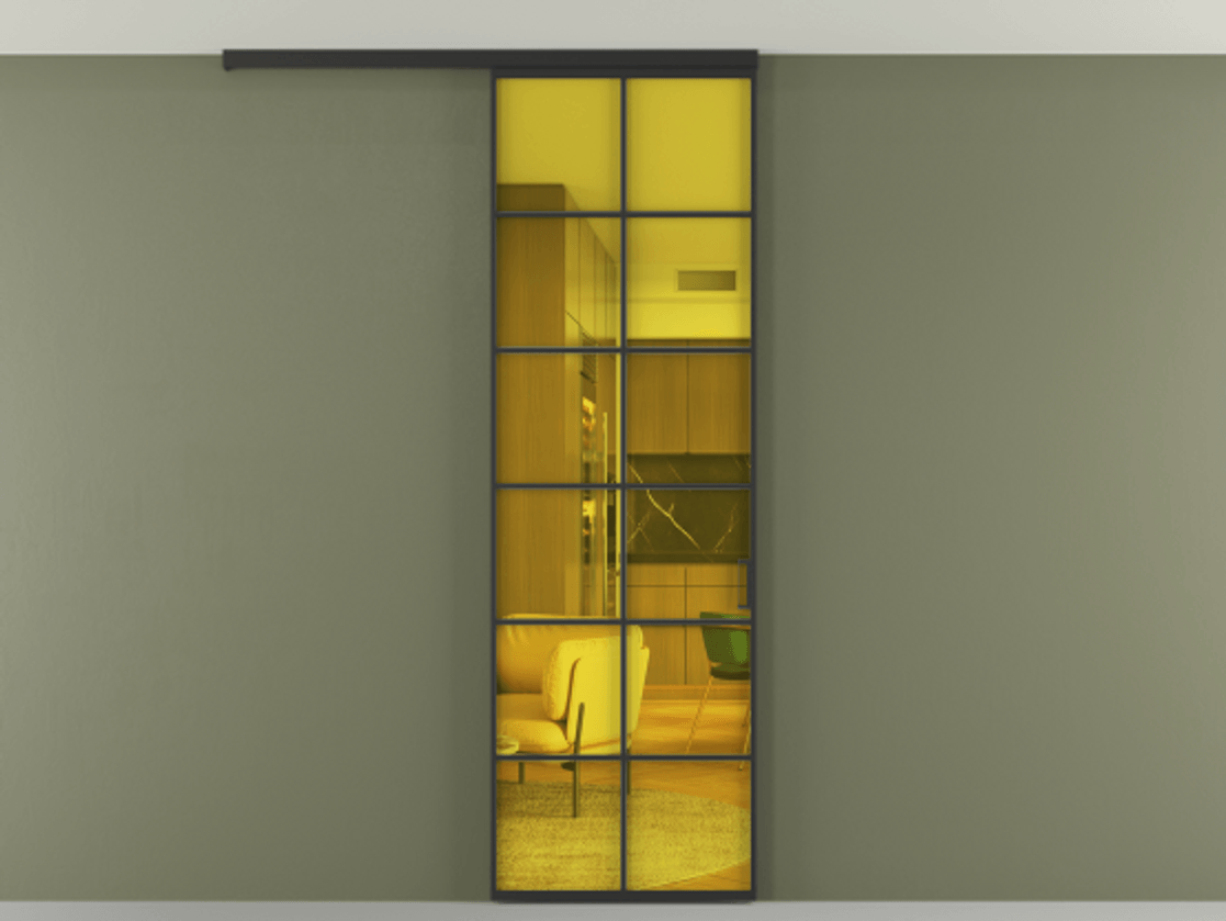 Перегородка Формато вдоль стены на потолок 1 створка АЛПР 040.05 Алюминий Черный Прозрачное жёлтое стекло, триплекс Цена 750651 ₸ | Volhovec