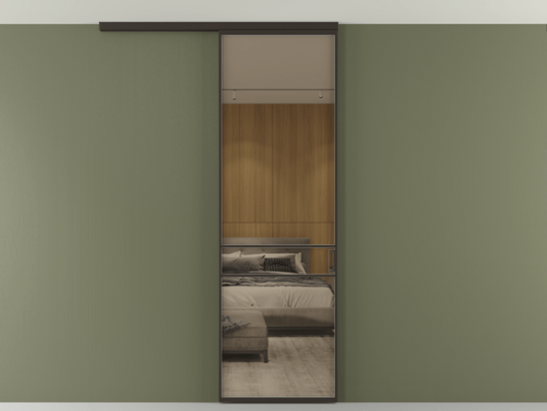 Перегородка Formato вдоль стены на потолок 1 створка АЛПР 040.02 Алюминий антрацит Рефлективное бронзовое стекло "Stopsol", калёное Цена 948856 ₸ | Volhovec