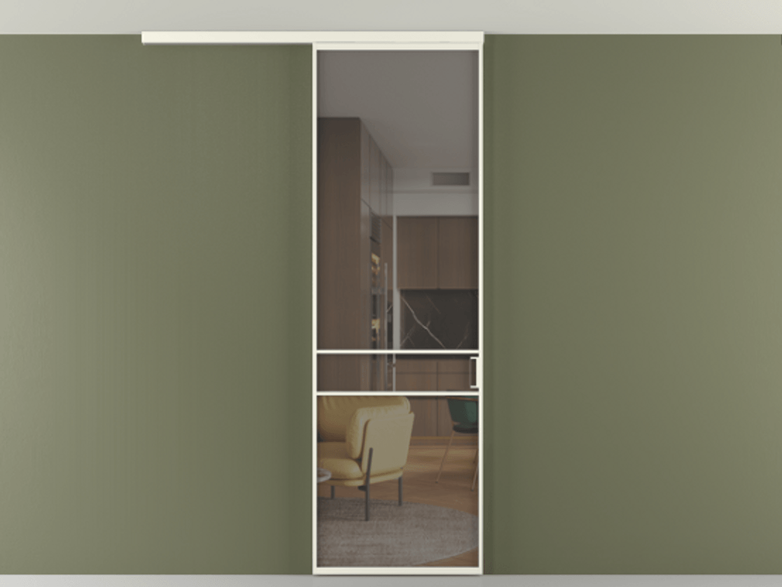 Перегородка Formato вдоль стены на потолок 1 створка АЛПР 040.02 Алюминий жемчужный Прозрачное серое стекло, триплекс Цена 732246 ₸ | Volhovec