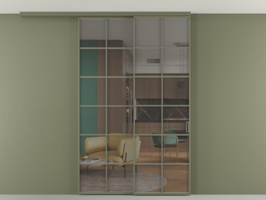 Перегородка Формато вдоль стены на потолок 2 створки с синхронным механизмом АЛПР 040.05 Алюминий оливковый тёмный Прозрачное серое стекло, триплекс Цена 2205282 ₸ | Volhovec