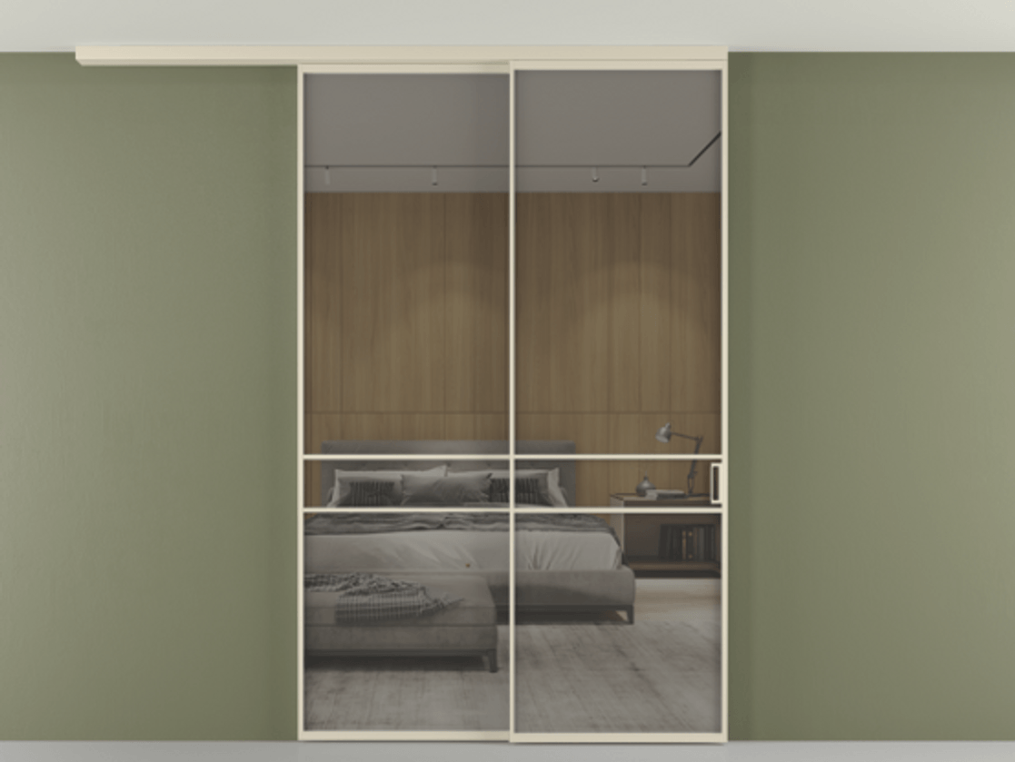 Перегородка Формато вдоль стены на потолок 2 створки с синхронным механизмом АЛПР 040.02 Алюминий бежево-серый Рефлективное серое стекло "Стопсол", калёное Цена 2472271 ₸ | Volhovec