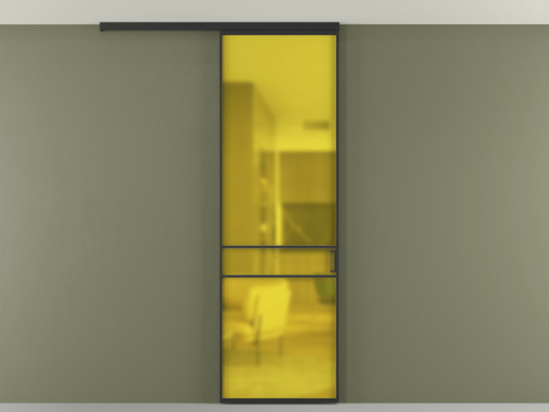 Перегородка Formato вдоль стены на потолок 1 створка АЛПР 040.02 Алюминий Черный Сатинированное жёлтое стекло, триплекс Цена 606000 ₸ | Volhovec