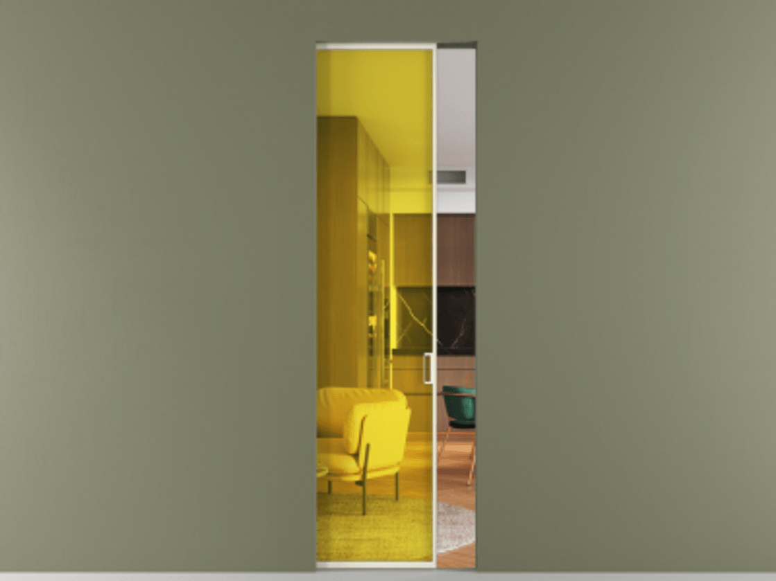 Перегородка Formato скрытый пенал 1 створка АЛПР 040.01 Алюминий молочно-белый Прозрачное жёлтое стекло, триплекс Цена 1029600 ₸ | Volhovec