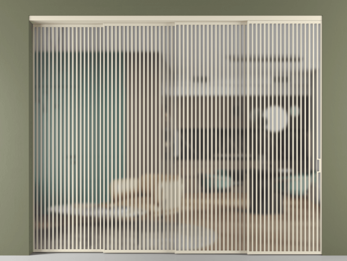 Перегородка Формато внутри проёма 4 створки с синхронным механизмом АЛПР 040.06 Алюминий бежево-серый Сатинированное стекло "Мателюкс Кристал Вижн", калёное, матовое, каленое 6 мм Цена 6070075 ₸ | Volhovec