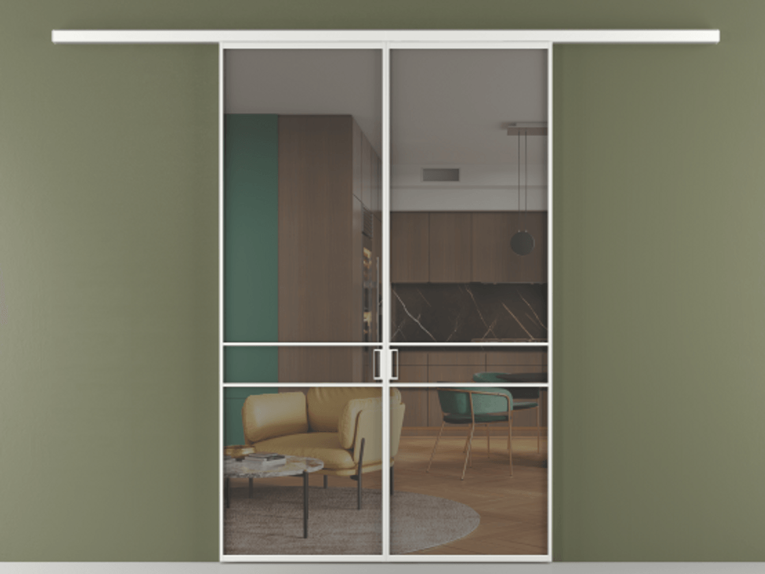 Перегородка Formato вдоль стены 2 створки АЛПР 040.02 Алюминий белоснежный Прозрачное серое стекло, триплекс Цена 1761480 ₸ | Volhovec