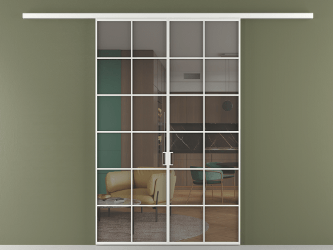 Перегородка Formato вдоль стены 2 створки АЛПР 040.05 Алюминий белоснежный Прозрачное серое стекло, триплекс Цена 1879416 ₸ | Volhovec