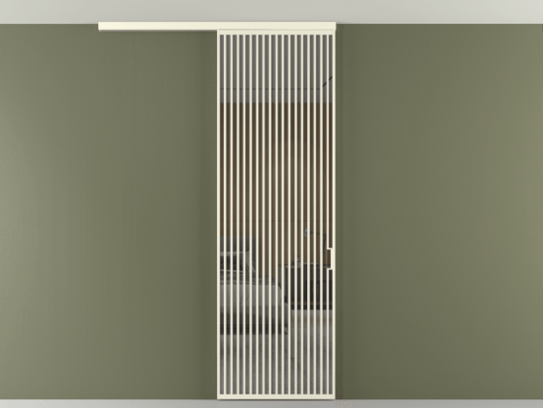 Перегородка Формато вдоль стены на потолок 1 створка АЛПР 040.06 Алюминий молочно-белый Рефлективное серое стекло "Стопсол", калёное Цена 1463828 ₸ | Volhovec