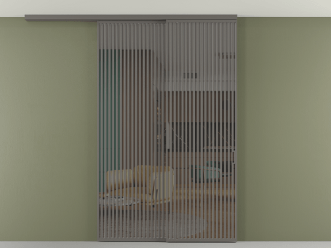 Перегородка Формато вдоль стены на потолок 2 створки с синхронным механизмом АЛПР 040.06 Алюминий классический серый Прозрачное серое стекло, триплекс Цена 3405447 ₸ | Volhovec