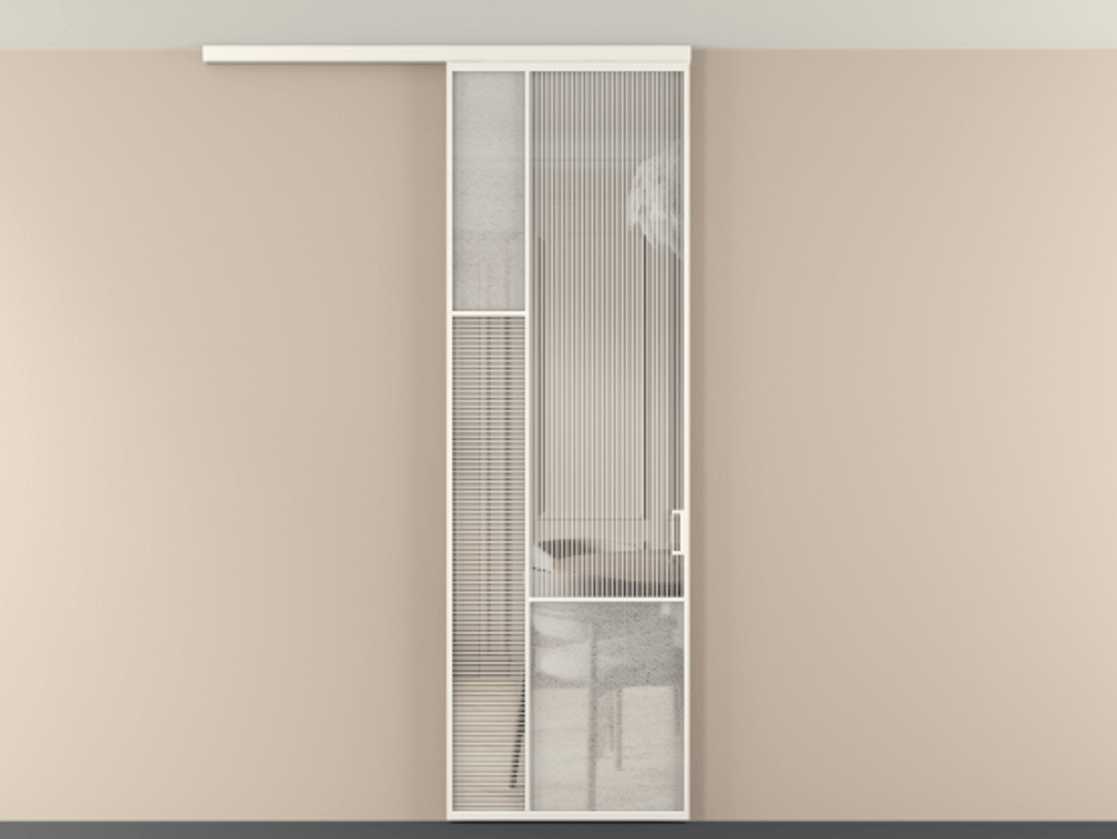 Перегородка Мозаик вдоль стены на потолок 1 створка АЛПР 041.13 Алюминий пудровый белый Рифлёное стекло "Дюна", триплекс, 6 мм + Фактурное стекло "Лёд", триплекс Цена 1081382 ₸ | Volhovec