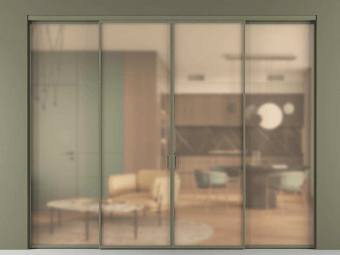 Перегородка Formato внутри проёма 4 створки АЛПР 040.01 Алюминий оливковый тёмный Сатинированное оранжевое стекло, триплекс Цена 1995800 ₸  | Volhovec