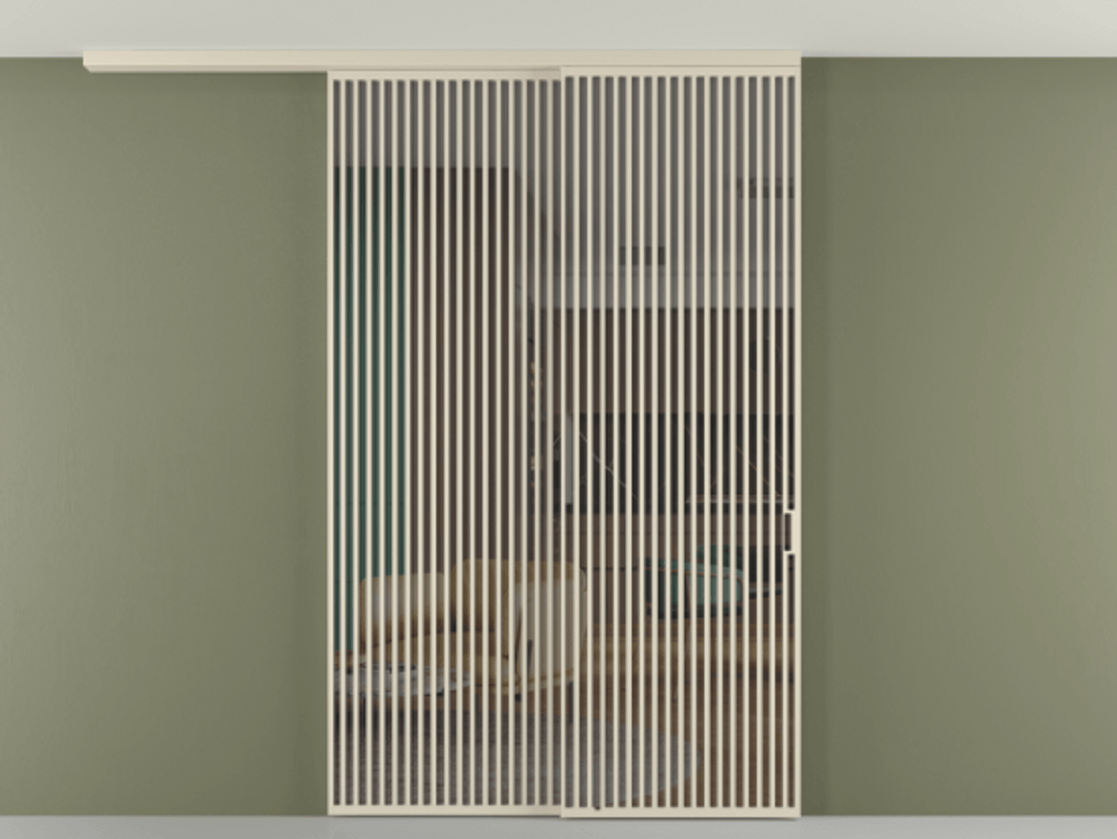 Перегородка Формато вдоль стены на потолок 2 створки с синхронным механизмом АЛПР 040.06 Алюминий бежево-серый Прозрачное серое стекло, триплекс Цена 3981247 ₸ | Volhovec