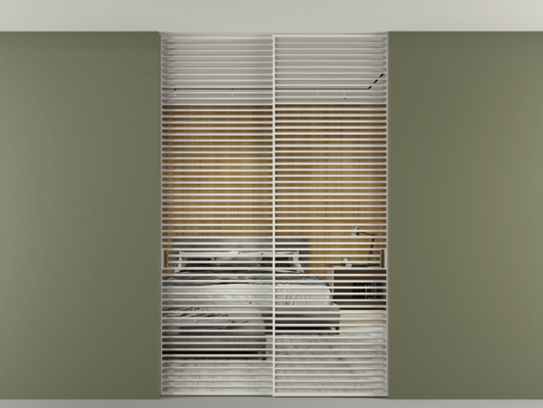 Перегородка Formato внутри проёма скрытое крепление в потолок 2 створки АЛПР 040.07 Алюминий Белый Двустороннее зеркало, триплекс , триплекс 6 мм Цена 2995423 ₸ | Volhovec