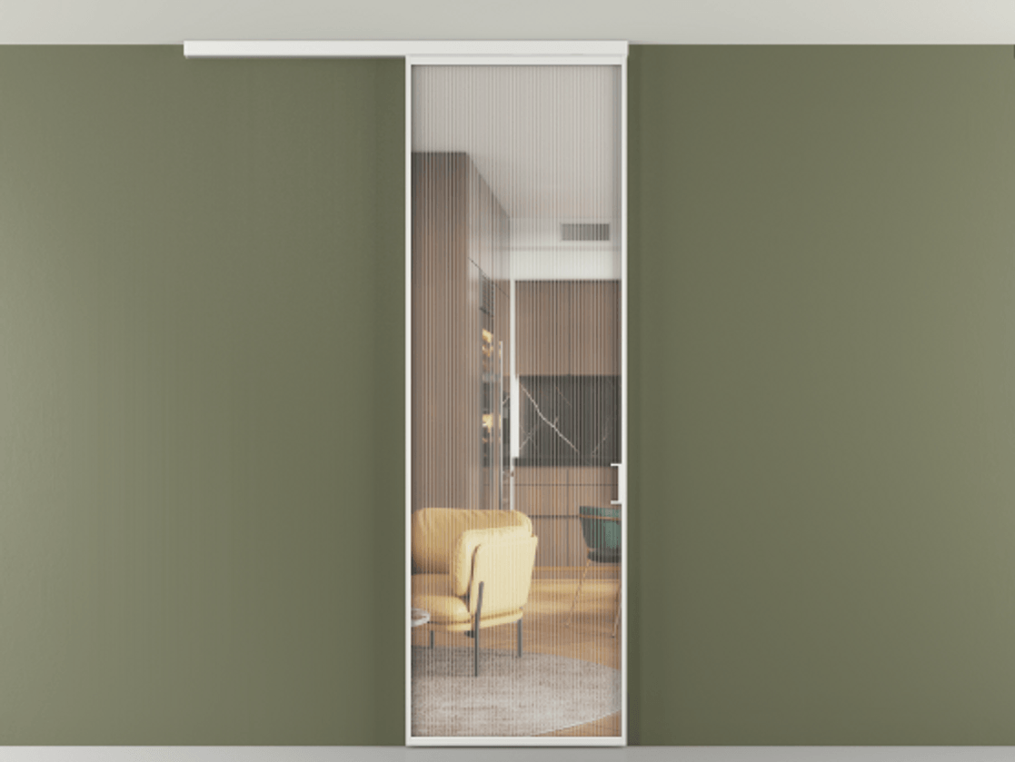 Перегородка Формато вдоль стены на потолок 1 створка АЛПР 040.01 Алюминий белоснежный Рифлёное стекло "Мору", триплекс Цена 743927 ₸ | Volhovec