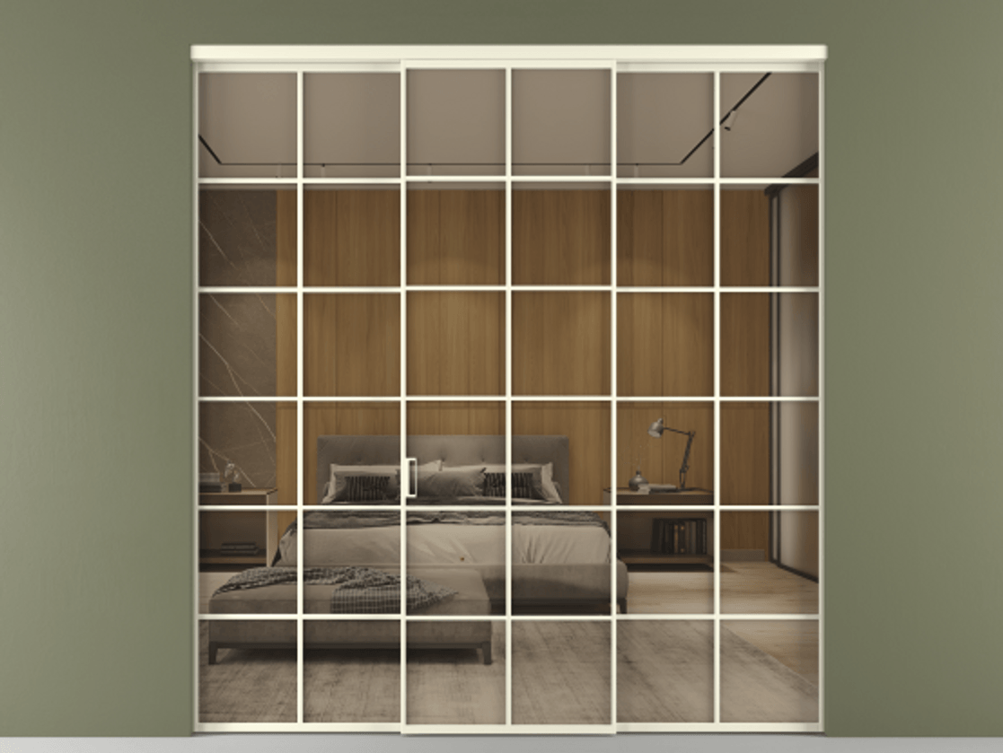 Перегородка Формато внутри проёма 3 створки АЛПР 040.05 Алюминий молочно-белый Рефлективное бронзовое стекло "Стопсол", калёное Цена 2577960 ₸ | Volhovec