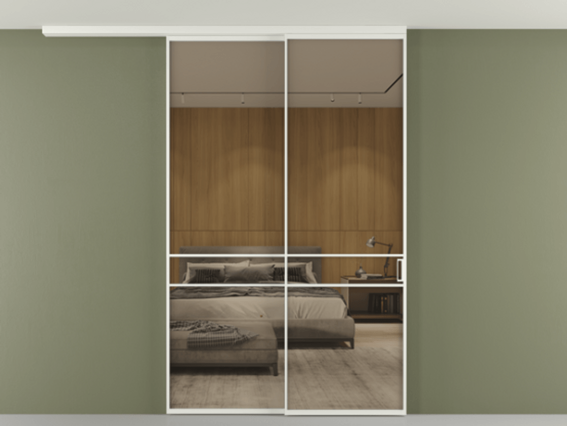 Перегородка Формато вдоль стены на потолок 2 створки с синхронным механизмом АЛПР 040.02 Алюминий светло-серый Рефлективное бронзовое стекло "Стопсол", калёное Цена 2198267 ₸ | Volhovec