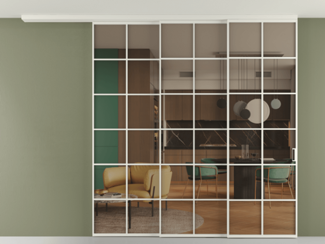 Перегородка Formato вдоль стены на потолок 3 створки с синхронным механизмом АЛПР 040.05 Алюминий Белый Прозрачное бронзовое стекло, триплекс Цена 2476630 ₸ | Volhovec