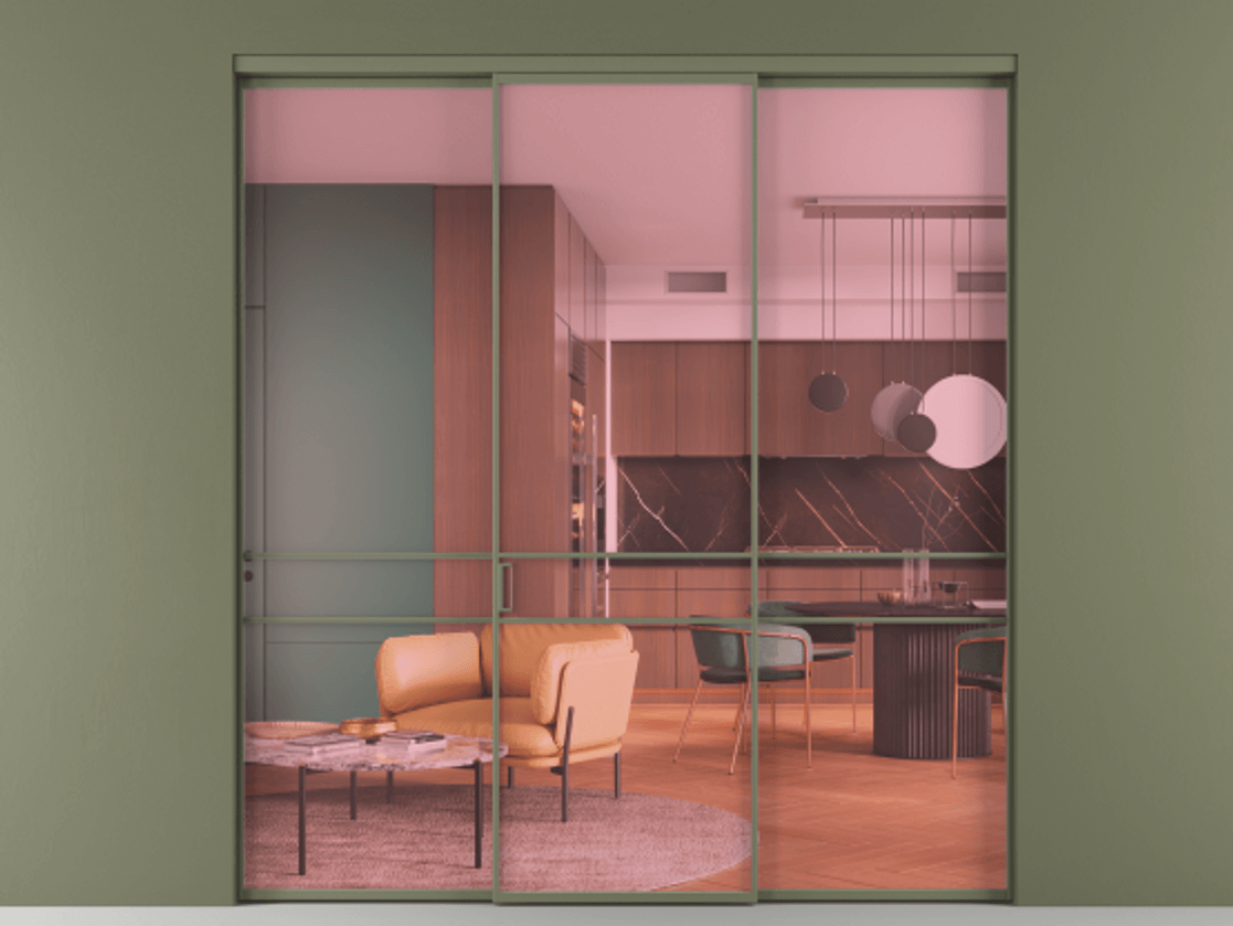 Перегородка Formato внутри проёма 3 створки АЛПР 040.02 Алюминий оливковый тёмный Прозрачное розовое стекло, триплекс Цена 1550900 ₸ | Volhovec