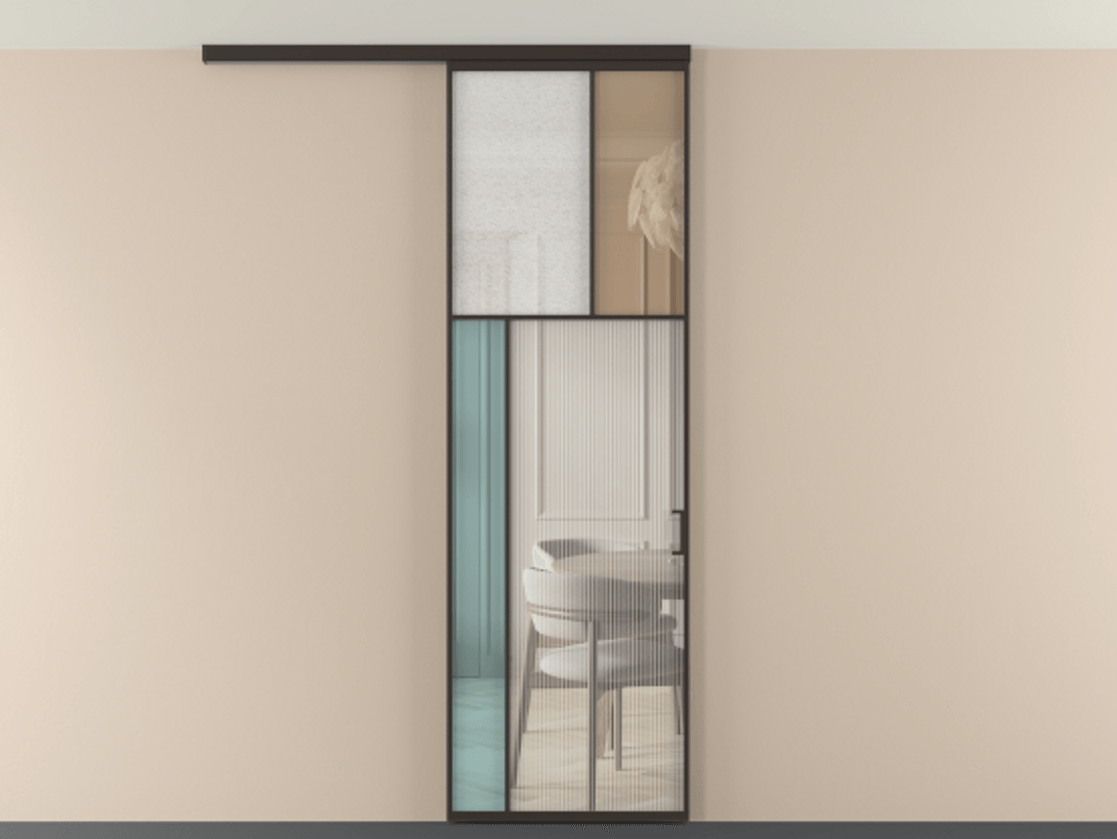 Перегородка Мозаик вдоль стены на потолок 1 створка АЛПР 041.22 Алюминий антрацит Комбинация стекол Группы 1 и Группы 3 Цена 1066262 ₸ | Volhovec