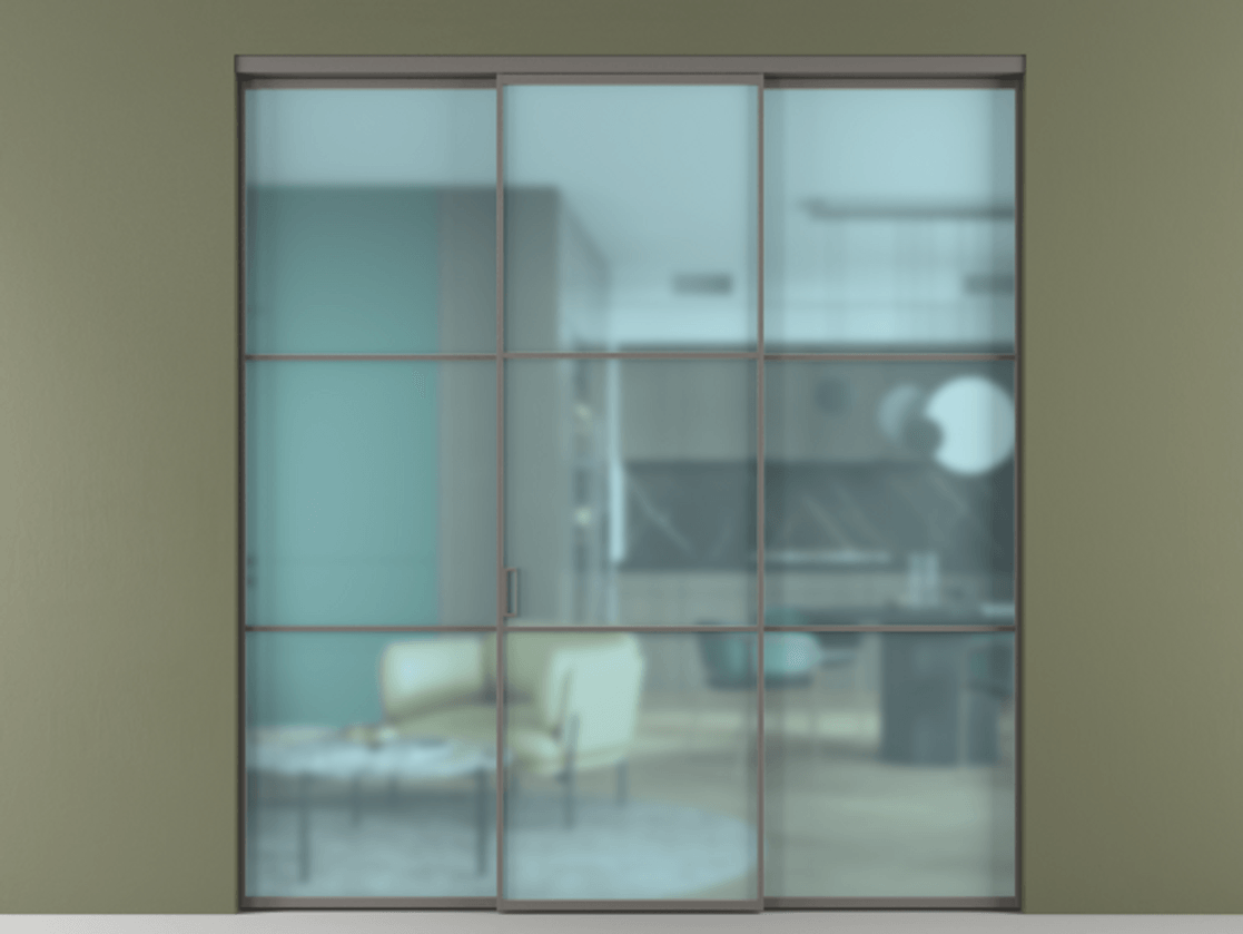 Перегородка Formato внутри проёма 3 створки АЛПР 040.03 Алюминий классический серый Сатинированное голубое стекло, триплекс Цена 1793799 ₸ | Volhovec