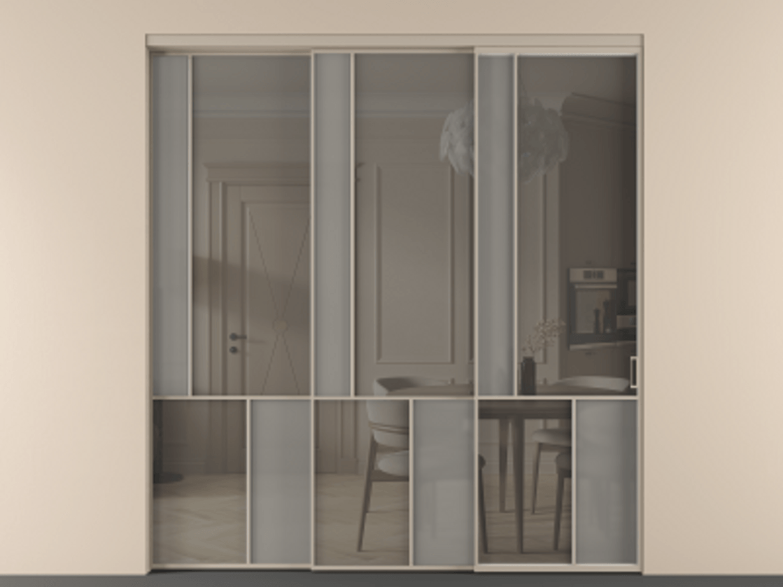 Перегородка Мозаик внутри проёма 3 створки с синхронным механизмом АЛПР 041.20  Алюминий бисквитный Сатинированное серое стекло, триплекс, 6 мм + Прозрачное серое стекло, триплекс Цена 3306668 ₸ | Volhovec