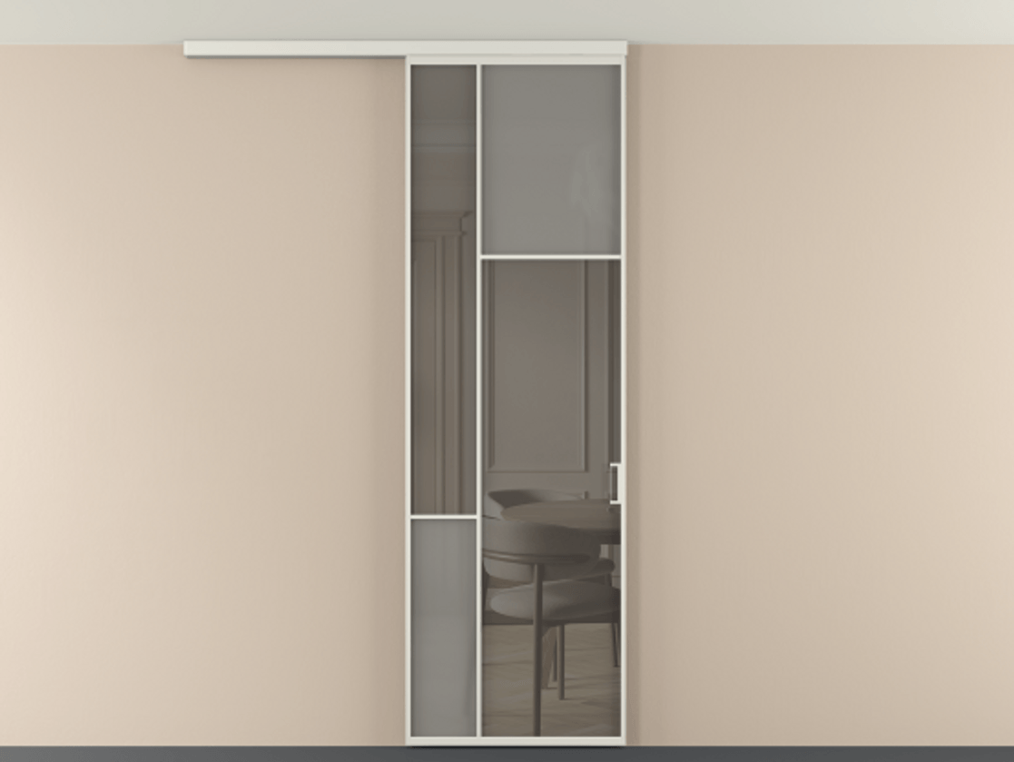 Перегородка Мозаик вдоль стены на потолок 1 створка АЛПР 041.11 Алюминий серый Сатинированное серое стекло, триплекс, 6 мм + Прозрачное серое стекло, триплекс Цена 1020902 ₸ | Volhovec