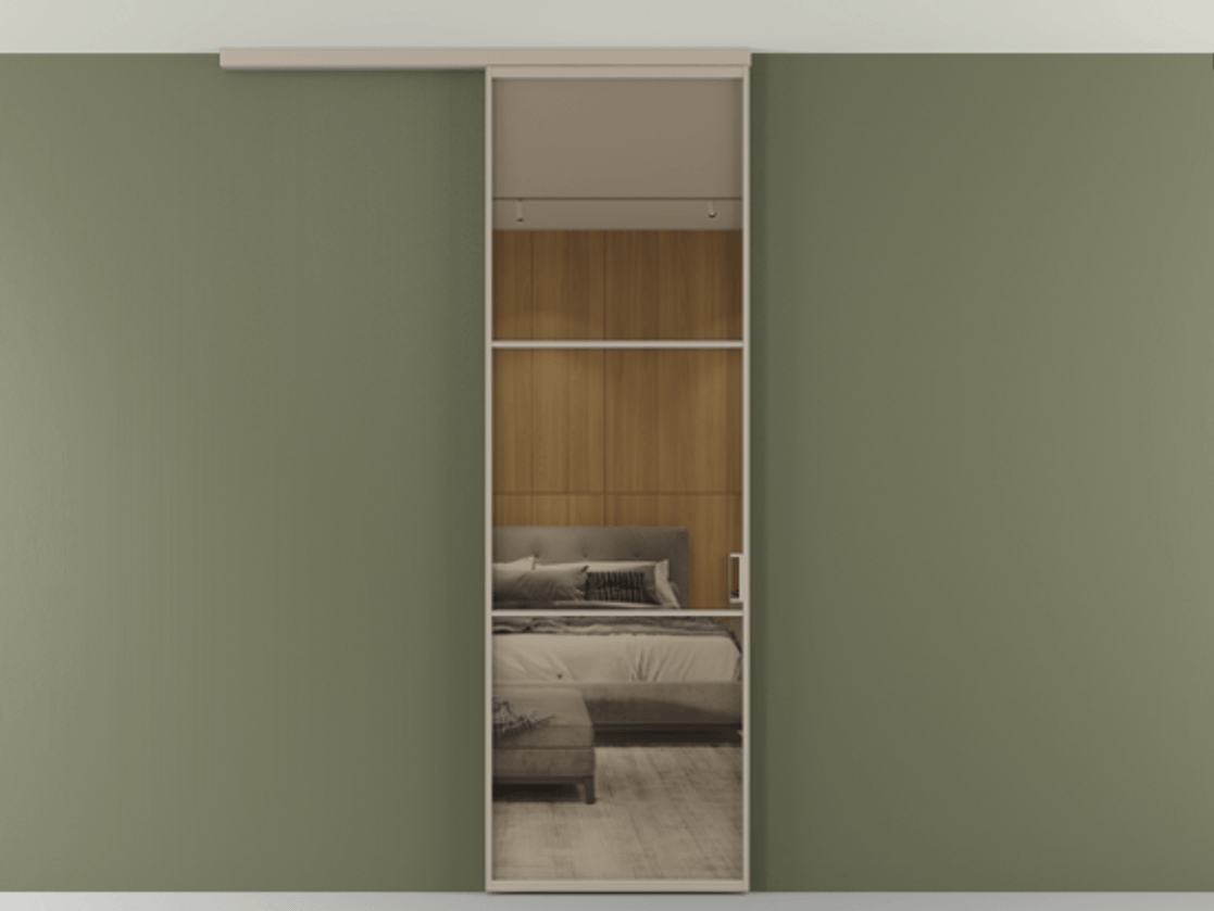 Перегородка Формато вдоль стены на потолок 1 створка АЛПР 040.03 Алюминий бисквитный Рефлективное бронзовое стекло "Стопсол", калёное Цена 811853 ₸ | Volhovec