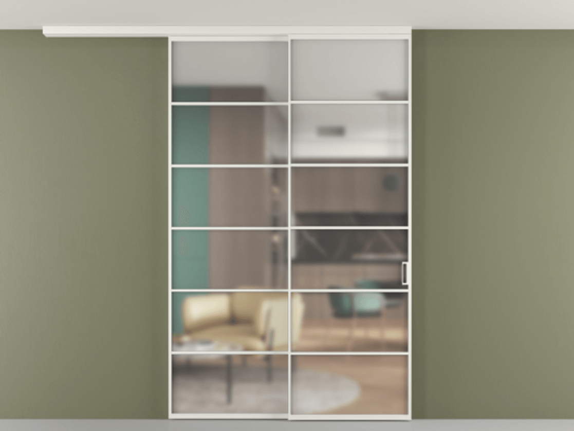 Перегородка Формато вдоль стены на потолок 2 створки с синхронным механизмом АЛПР 040.04 Алюминий светло-серый Сатинированное стекло "Мателюкс Кристал Вижн", калёное, матовое, каленое 6 мм Цена 2602001 ₸ | Volhovec