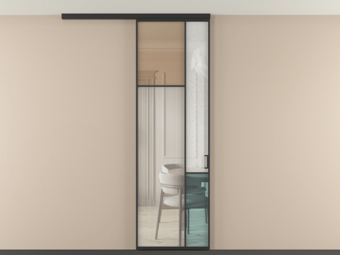 Перегородка Мозаик вдоль стены на потолок 1 створка АЛПР 041.10 Алюминий Черный Комбинация стекол Группы 1 и Группы 3 Цена 1024834 ₸ | Volhovec