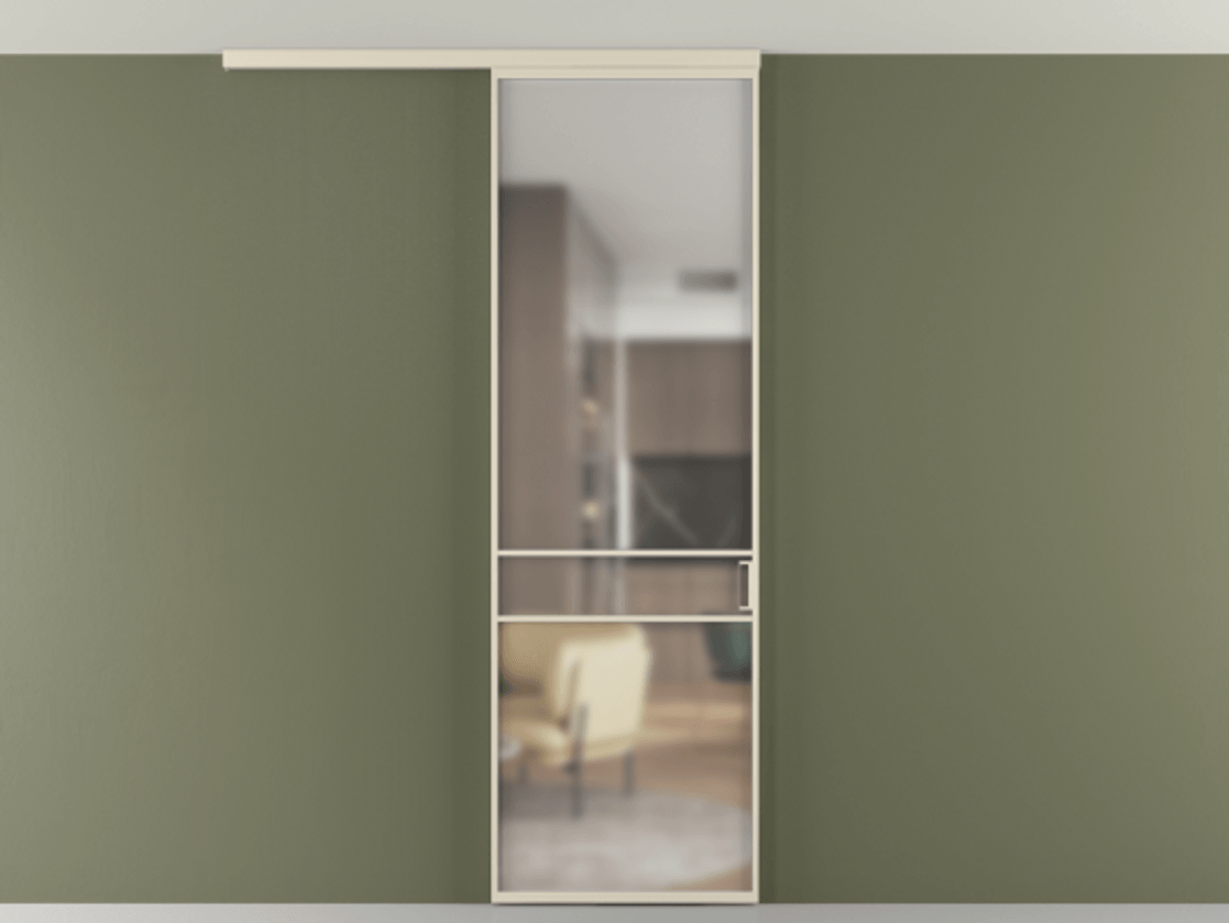 Перегородка Formato вдоль стены на потолок 1 створка АЛПР 040.02 Алюминий бежево-серый Сатинированное стекло "Matelux Crystal Vision", калёное, матовое, каленое 6 мм Цена 948856 ₸ | Volhovec