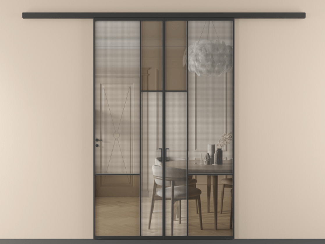 Перегородка Mosaic вдоль стены двустворчатая АЛПР 041.13 Алюминий Черный Декоративное стекло с сеткой "Mesh silver", триплекс, 6 мм + Прозрачное бронзовое стекло, триплекс. Скрытый короб ЧЕР Цена 1660340 ₸ . Фабрика дверей Волховец 8 (800) 551 43 19 Перегородка Mosaic вдоль стены двустворчатая АЛПР 041.13 Алюминий Черный Декоративное стекло с сеткой "Mesh silver", триплекс, 6 мм + Прозрачное бронзовое стекло, триплекс Цена 1660340 ₸ | Volhovec