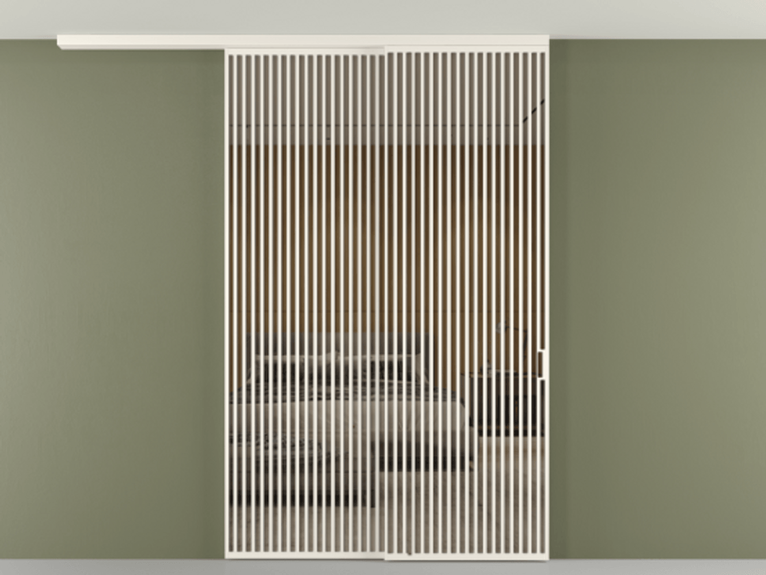 Перегородка Формато вдоль стены на потолок 2 створки с синхронным механизмом АЛПР 040.06 Алюминий пудровый белый Рефлективное бронзовое стекло "Стопсол", калёное Цена 4102207 ₸ | Volhovec