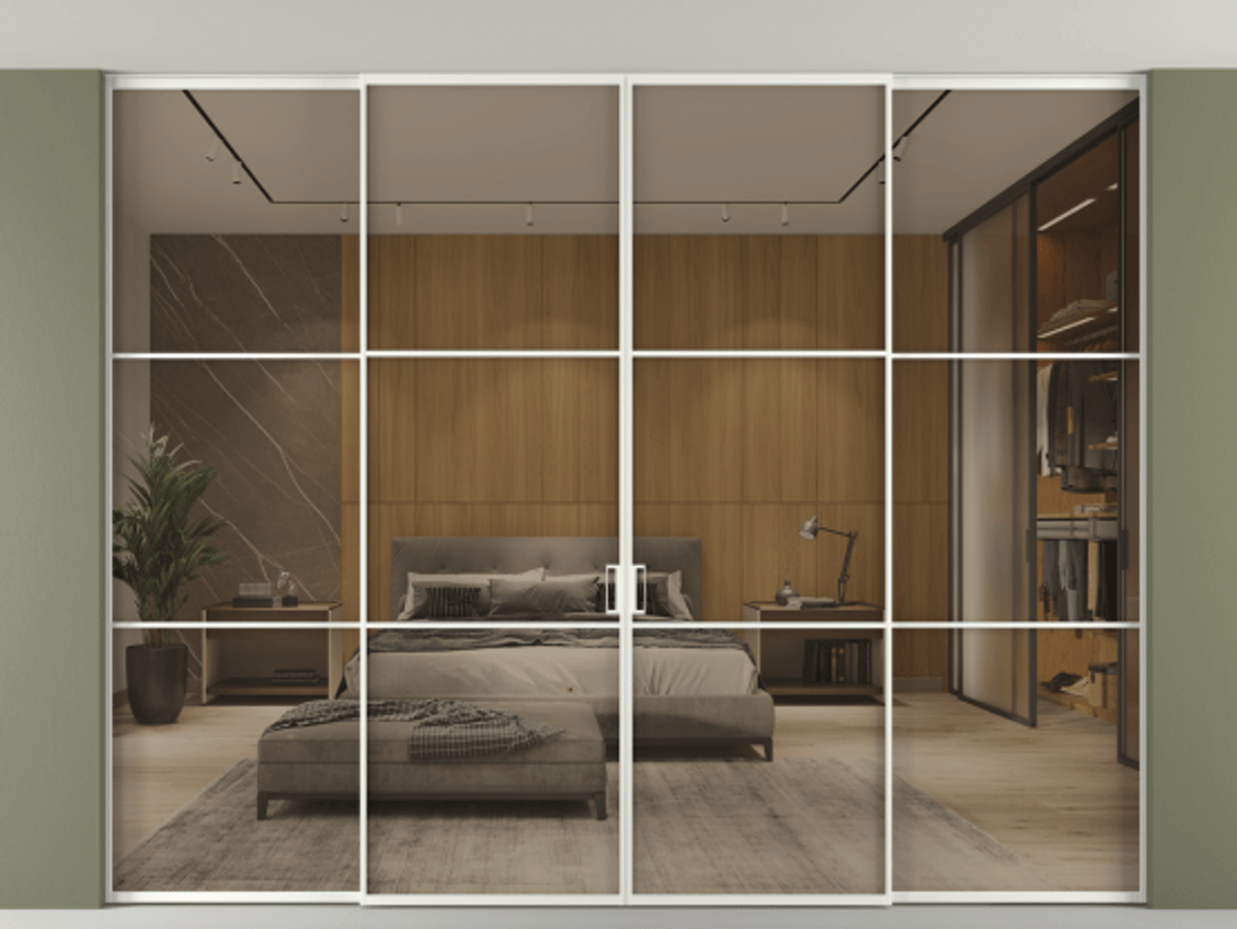 Перегородка Формато внутри проёма скрытое крепление в потолок 4 створки АЛПР 040.03 Алюминий светло-серый Рефлективное бронзовое стекло "Стопсол", калёное Цена 4196858 ₸ | Volhovec