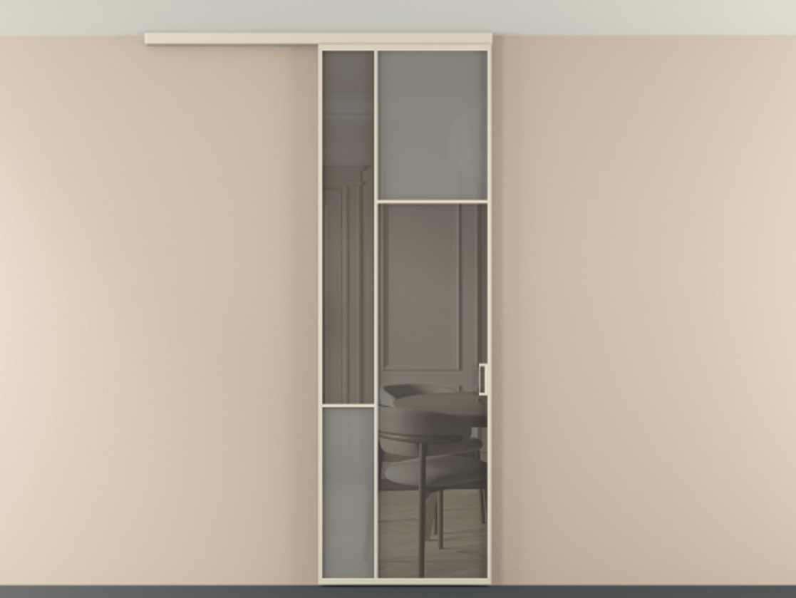 Перегородка Мозаик вдоль стены на потолок 1 створка АЛПР 041.11 Алюминий бежево-серый Сатинированное серое стекло, триплекс, 6 мм + Прозрачное серое стекло, триплекс Цена 1020902 ₸ | Volhovec