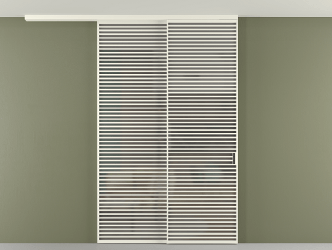 Перегородка Формато вдоль стены на потолок 2 створки с синхронным механизмом АЛПР 040.07 Алюминий жемчужный Сатинированное серое стекло, триплекс Цена 3405447 ₸ | Volhovec